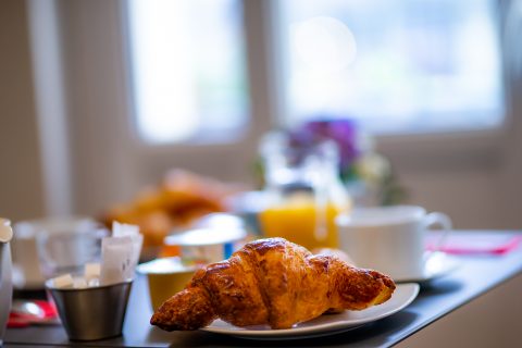 We offer a French-style breakfast served at the table with a hot drink, orange juice, croissant, 1/2 traditional baguette, yogurt, compote, butter, jam, nutella, cereals, fruit